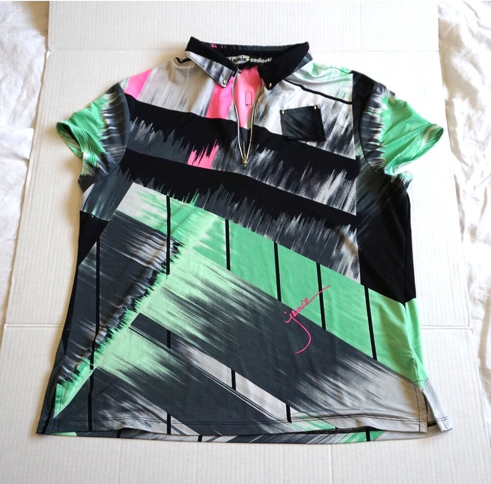Jamie Sadock Golf Polo Short Sleeved Quarter Zip Abstract Print Pink Green Large